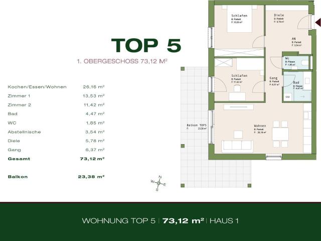 Top 5 Haus 1 1.OG 73,12 m² 3 Zimmer großer Balkon Graz Lend