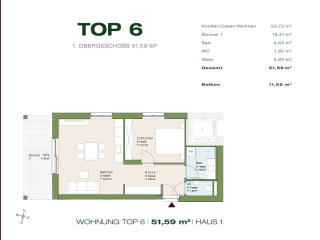 Top 6 Haus 1 1.OG 51,59 m² 2 Zimmer großer Balkon Graz Lend