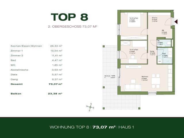 Top 8 Haus 1 2.OG 73,07 m² 3 Zimmer großer Balkon Graz Lend