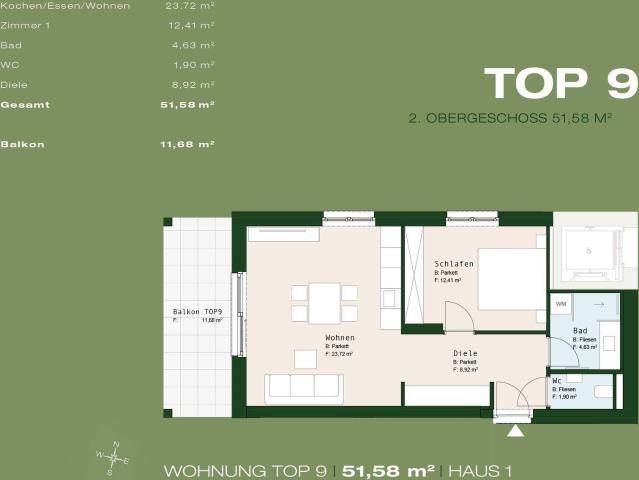 Top 9 Haus 1 2.OG 2 Zimmer 51,58 m² großer Balkon Graz Lend
