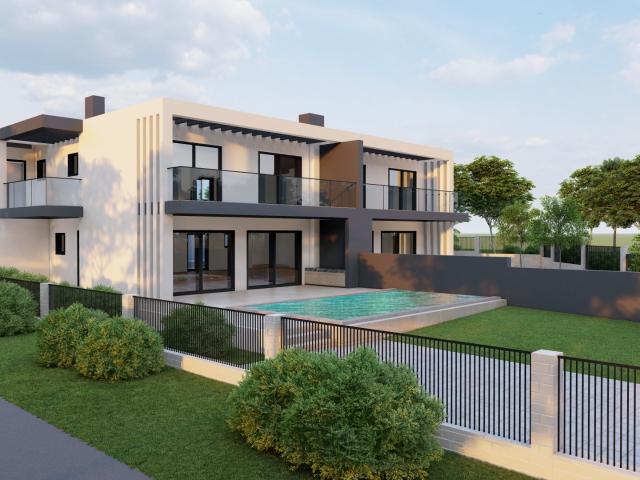 Um belo terreno virado a sul com planeamento para construir 2 novas moradias modernas semi detched com 4 quartos com vista virada a sul sobre a piscina e jardim