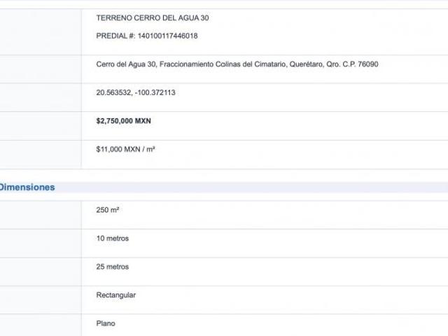 Venta terreno en Colinas del Cimatario