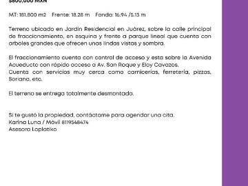 Venta de terreno Jard?n Residencial, Ju?rez