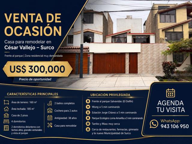 Venta de Casa frente a Parque cerca a Loma Amarilla | Surco