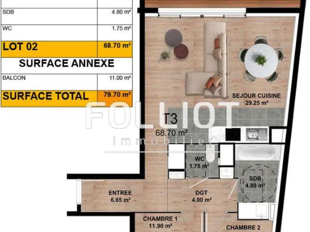 Vente appartement 3 pièces Donville les Bains 50