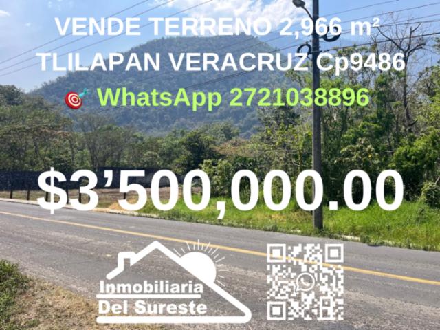 VENDE TERRENO 2,966 m² A PIE DE CARRETERA TLILAPAN VERACRUZ Cp94860 Por m² $1,180.00