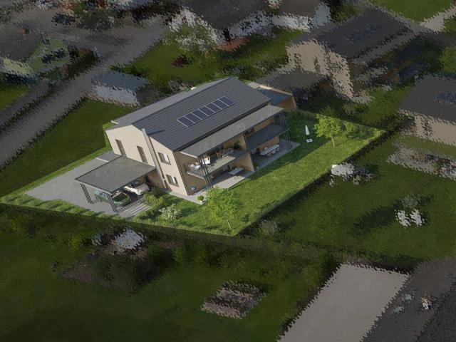 Vier Neubauwohnungen in sehr guter Lage zwei im EG mit Terrassen und Eigengarten zwei im OG mit Balkon vier eigene Carports