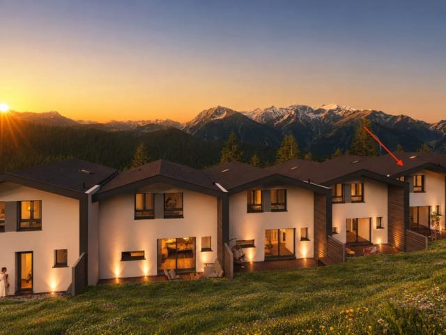 Villa 5 – Offener Wohn /Essbereich mit Küche und Zugang zu Terrassen und Garten