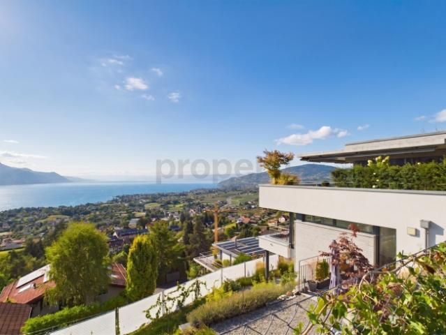 Vue panoramique sur le lac Léman, construction récente de 2020 et place de parking incluse