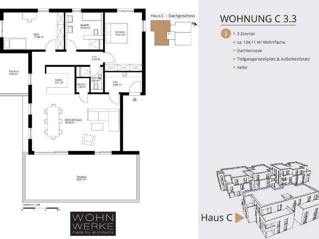 Whg C 3.3. 3 oder 4 Zimmer Dachgeschoss mit 2 Dachterrassen