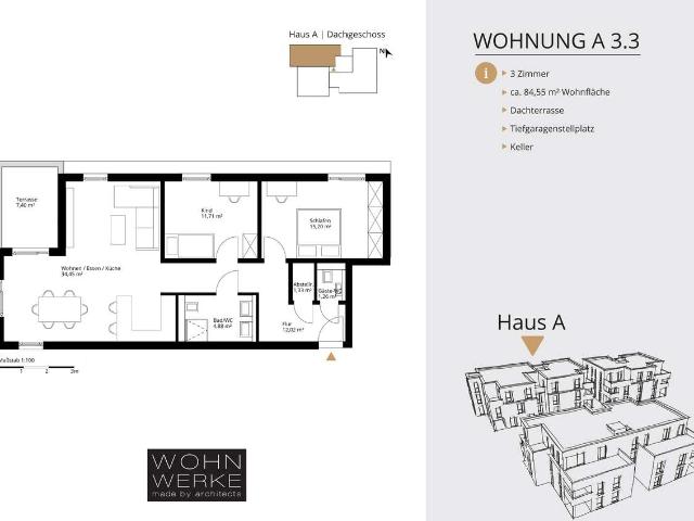 Whg A 3.3. 3 Zimmer Dachgeschoss mit Dachterrasse