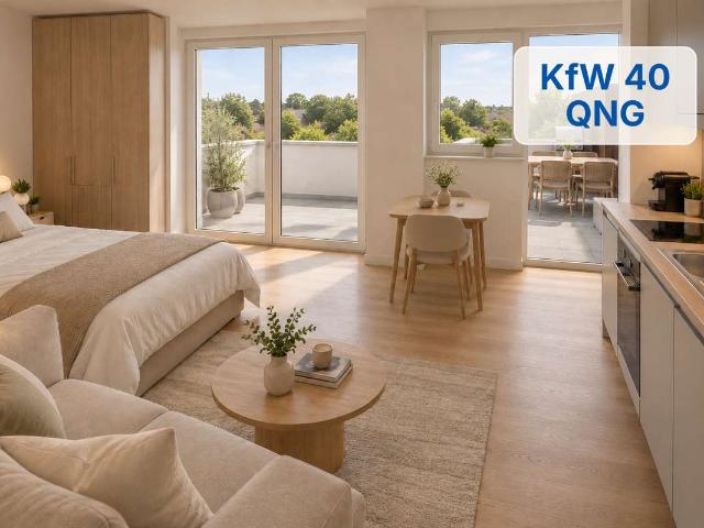 Wohnen oder vermieten: 1 Zi. Penthouse mit Dachterrasse – KfW 40 QNG – Rohbau fertiggestellt
