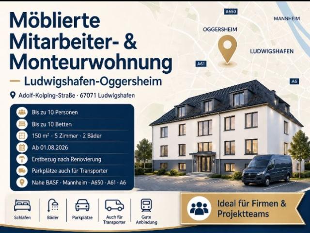 Worker accommodation, Ludwigshafen, 10 beds, 2 bathrooms, parking spaces, near BASF