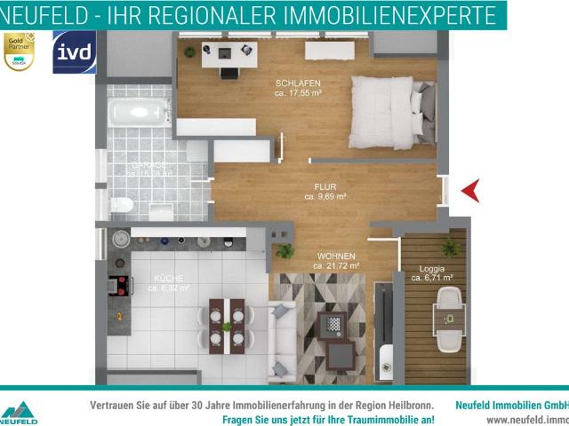 Wunderschöne 2 Zimmer Wohnung mit Loggia im Zentrum Neckarsulms zu verkaufen!
