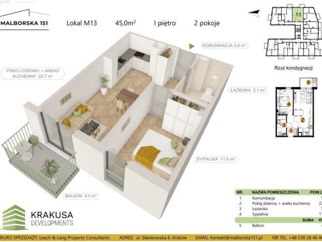 Polecam komfortowe 45 m² z balkonem w nowoczesnym budynku