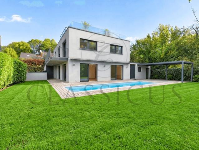 Zeitgenössisches Haus mit Swimmingpool und Jacuzzi Dach mit Blick auf den See