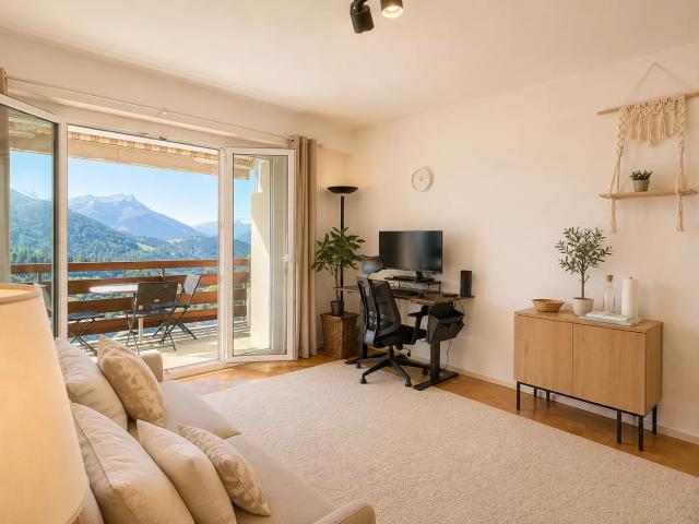 A charming, partially furnished penthouse studio to let in Leysin, with views of the Dents du Midi