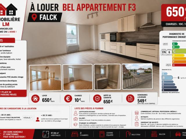 A louer appartement de type F3 à Falck Loyer 650€ + 10€ de charges/mois