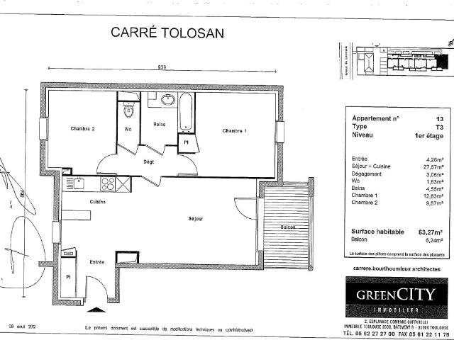 À louer Appartement T3 au 1er étage Avenue de Lauragais à Castanet Tolosan