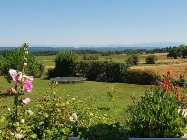 À vendre, proche de Trie sur Baïse Gers Charmant chalet de plain pied avec sauna, abris voitures, atelier, jardin paysager. Vue imprenable sur la campagne et les montagnes, à proximité de la ville