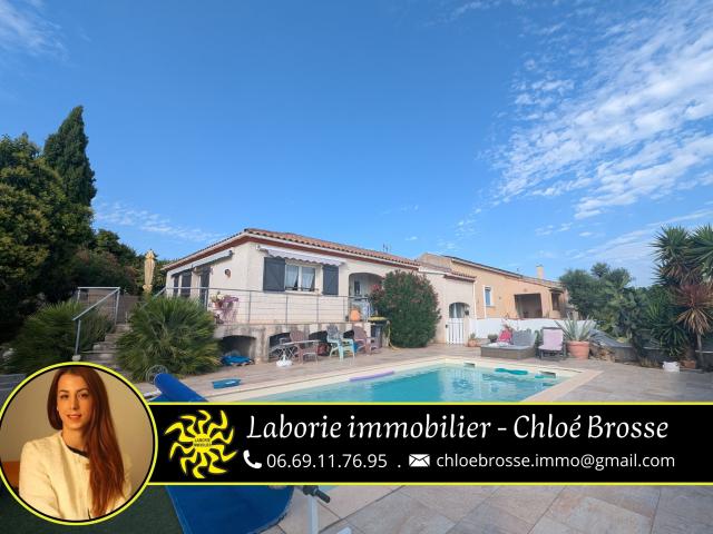 A VENDRE PUISSERGUIER VILLA T4 + BUREAU DE 110 M2 HAB SUR 540 M2 DE TERRAIN AVEC TERRASSE ET PISCINE