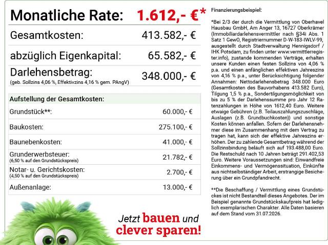 Ab 1.612 Euro Rate* Neubau Doppelhaushälfte in Friesack