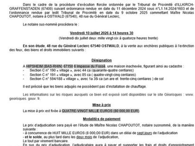Adjudication forcée 6 Impasse du Fossé 67150 HIPSHEIM