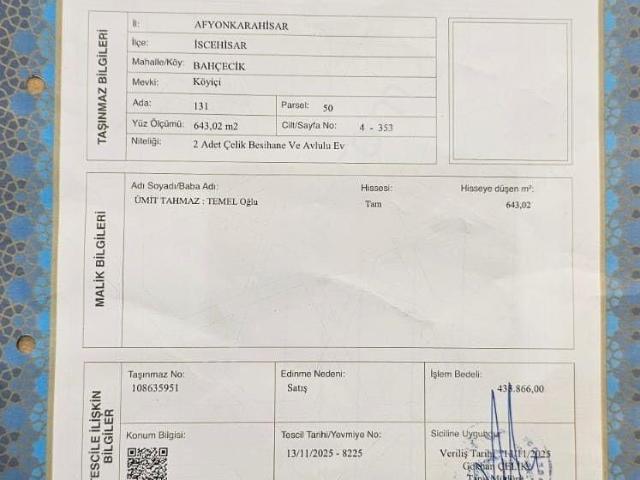 Afyon İscehisar Müstakil Ev Tapu Sahibi Perta Emlak Ümit Tahmaz