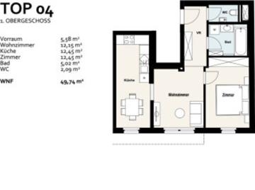 2 Zimmer Wohnung in 1100 Wien | Voll möbliert | 1. Obergeschoss
