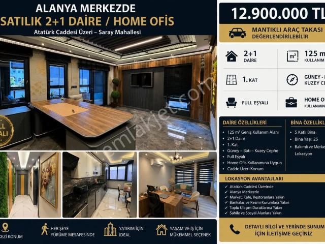 Alanya Saray Mahallesi'nde Satılık 2+1 Home Ofis Kullanımına Uygun Daire
