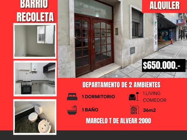 ALQUILA, DEPARTAMENTO 2 AMB. $650.000. MARCELO T DE ALVEAR 2.000, RECOLETA