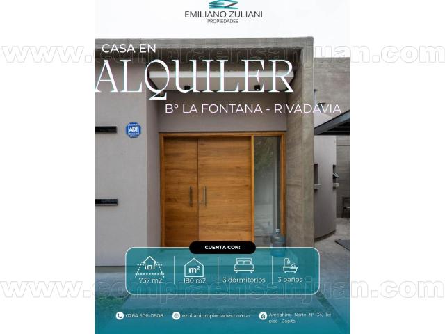 Alquiler – Casa 3 Dormitorios En Barrio Privado La Fontana. Rivadavia