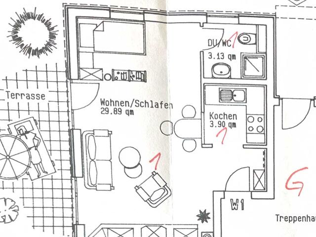 APARTMENT mit Terrasse EBK u. Bad Du WC Waschtisch KG Abteil