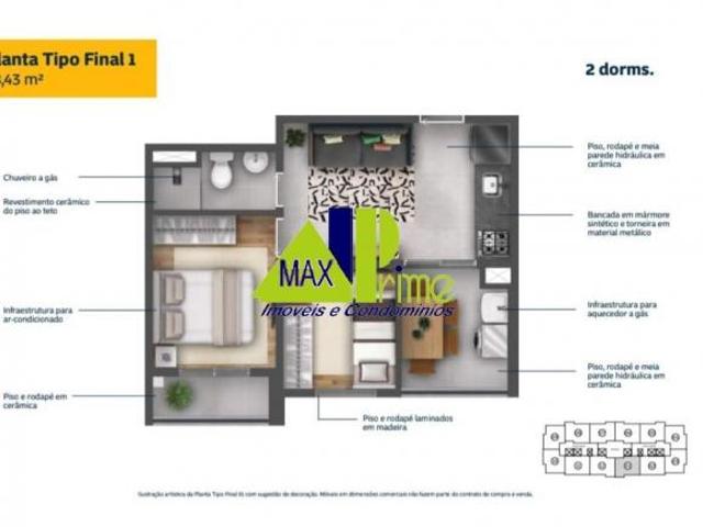 APARTAMENTO 36,84M²/02 DORMITÓRIOS/SACADA/SEM VAGA