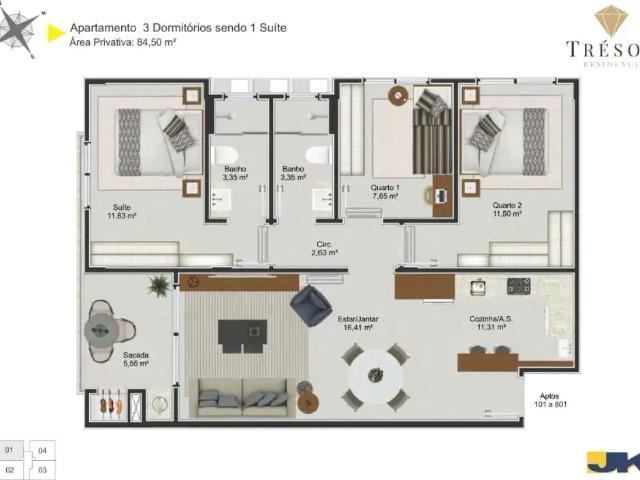 Apartamento para Venda em Palhoça/SC Jardim Eldorado 3 Quartos