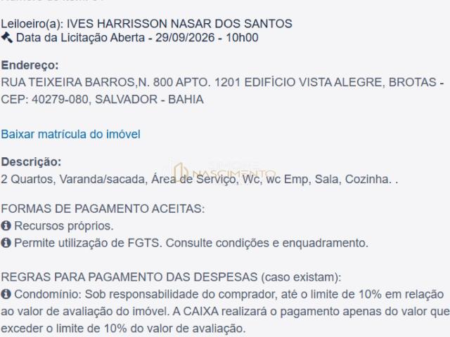 Apartamento para Venda em Salvador/BA Brotas 2 Quartos