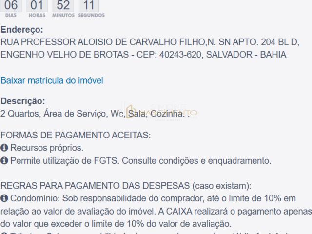 Apartamento para Venda em Salvador/BA Engenho Velho de Brotas 2 Quartos