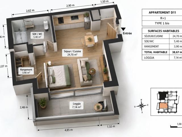 Appartement 1 pièce 39 m²