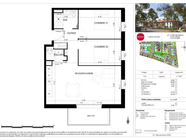 Appartement 2 chambres 61m2 Balcon 1er étage