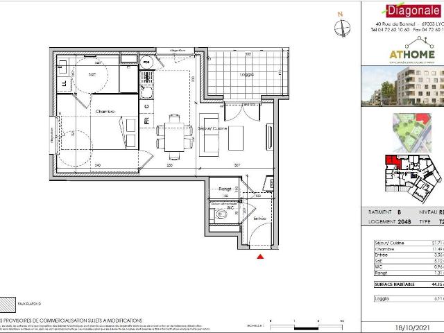 Appartement 2 pièces, 44 m² à louer à Rillieux la Pape 69140