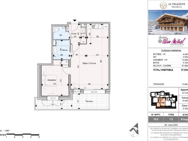 Appartement 2 pièces de 57m² + Terrasse, Cave, Garage 58m² Abondance