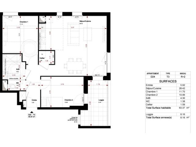 Appartement 3 pièces 63.37m²