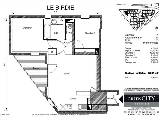 Appartement 3 pièces, 63 m² à louer à Tournefeuille 31170