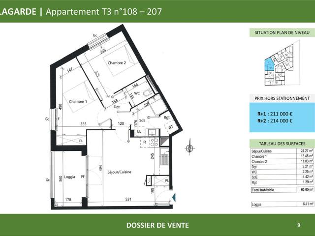 Appartement 3 pièces 60 m²