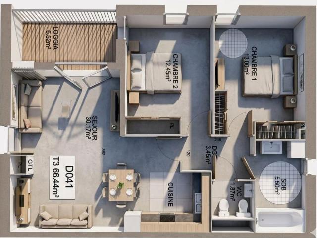 Appartement 3 pièces 66 m²