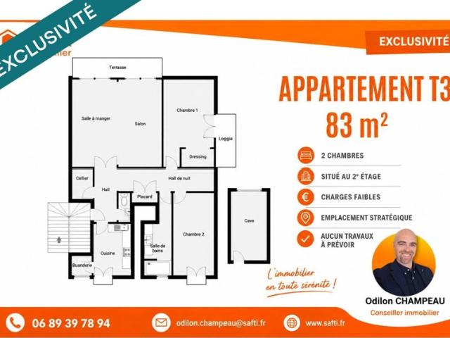 Appartement T3 2 chambres de 83m2 + Terrasse + Local de stockage