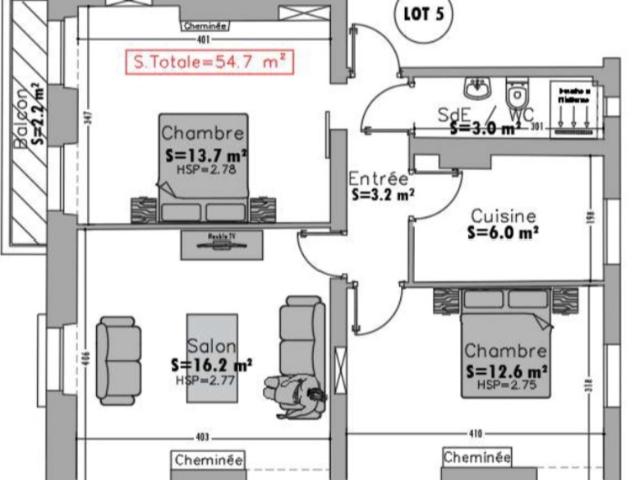 Appartement T3 avec travaux à vendre PARIS 19e, surface habitable 55 m2 + balcon 2.20 m2 + cave