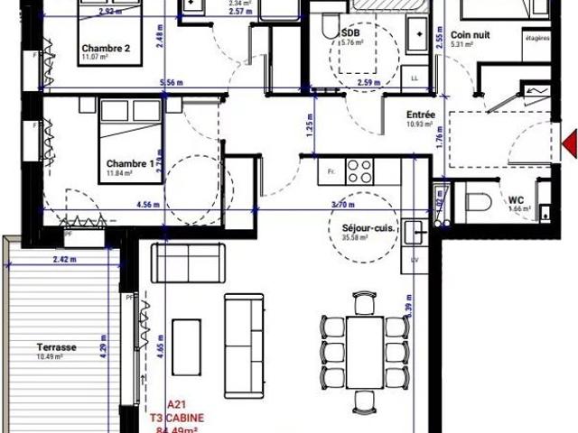 Appartement T3 cabine de 84 m2