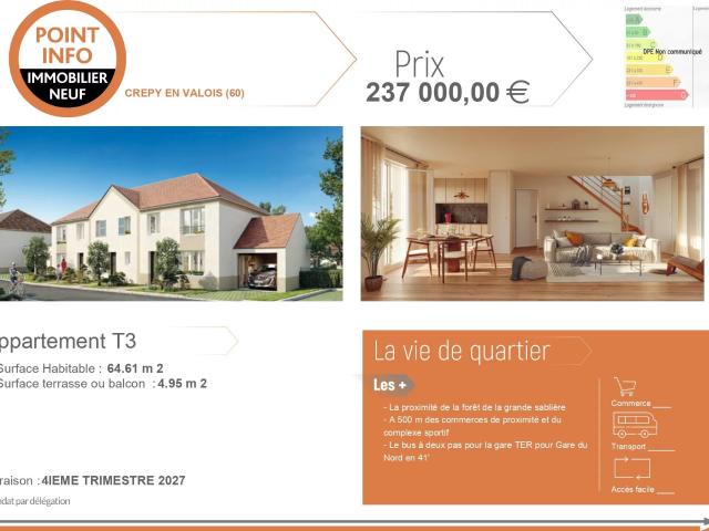 Appartement T3 lumineux avec balcon à Crépy en Valois