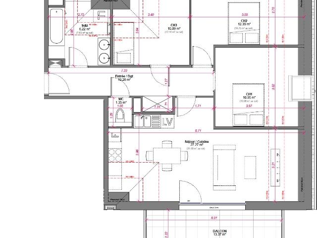 Appartement T4 neuf de 78,53 m2 91,78 m2 au sol avec balcon de 13,37 m2 et cuisine équipée Lot 21